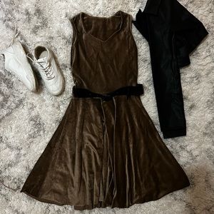 Brown velvet short dress with black leather jacket